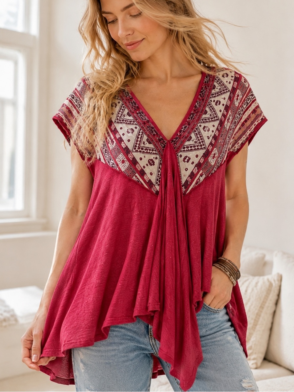 FREE PEOPLE We The Free Burnout Boho Babydoll Swing Aztec Red Tunic Top XS